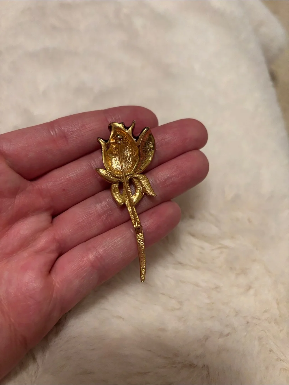 Gold-Tone Red Rose Pin Brooch with Green Accents